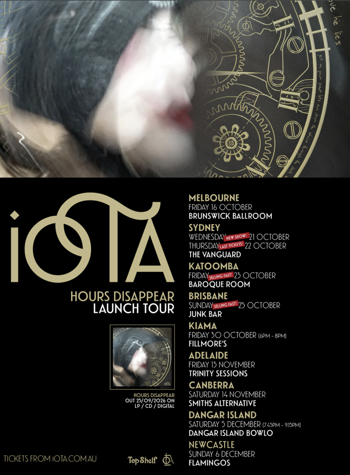Tour poster for iOTA's 'Hours Disappear' Launch Tour featuring clockwork artwork and Australian tour dates from October to December.
